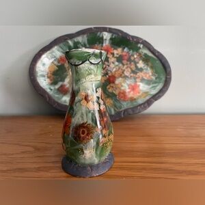 Vintage Pressed Flower Tray And Candleholder Decor Floral 2 Piece Set Beautiful
